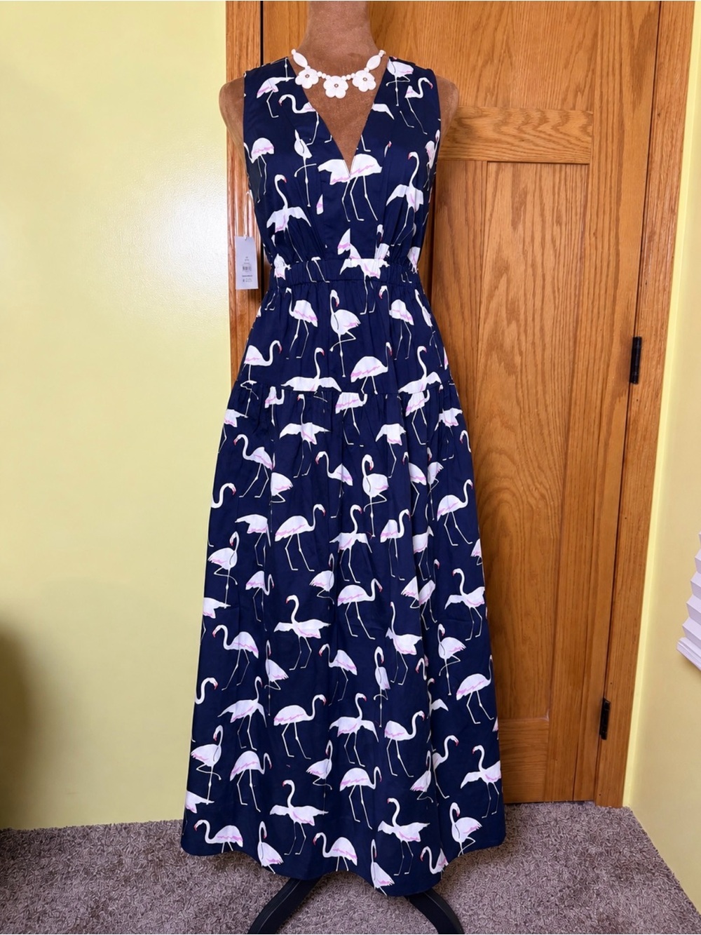 Navy Flamingo Print Maxi Dress – Sleeveless V-Neck – Pockets/Size XL